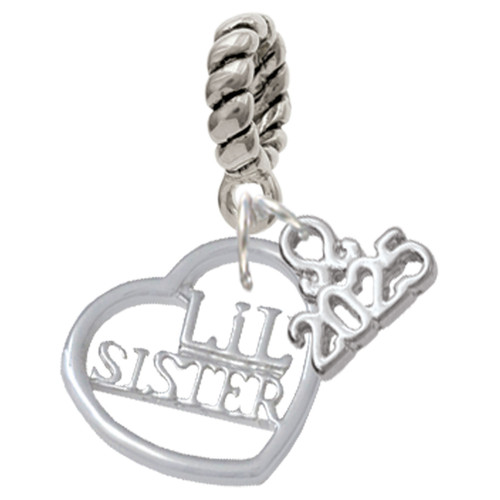 Silver Plated Lil Sister in Open Heart - 5/8'' - Silver Plated Twist Rope Bead Charm Dangle with Mini Year 2025: Year to Remember Jewelry Gift - Celebrations