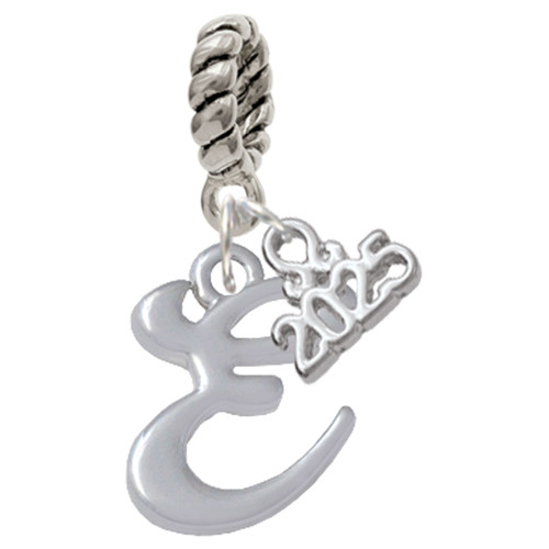 Silver Plated Small Gelato Script Initial - E - Silver Plated Twist Rope Bead Charm Dangle with Mini Year 2025: Year to Remember Jewelry Gift - Celebrations