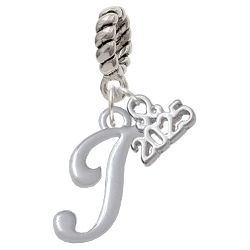 Silver Plated Small Gelato Script Initial - I - Silver Plated Twist Rope Bead Charm Dangle with Mini Year 2025: Year to Remember Jewelry Gift - Celebrations