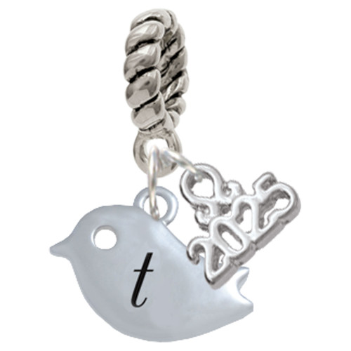 Silver Plated Little Bird Initial - T - Silver Plated Twist Rope Bead Charm Dangle with Mini Year 2025: Year to Remember Jewelry Gift - Celebrations