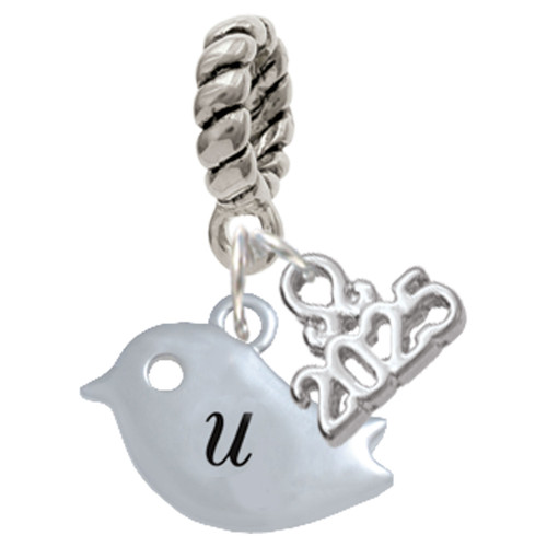 Silver Plated Little Bird Initial - U - Silver Plated Twist Rope Bead Charm Dangle with Mini Year 2025: Year to Remember Jewelry Gift - Celebrations