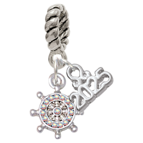 Silver Plated Mini AB Crystal Ship Wheel - Navigation - Silver Plated Twist Rope Bead Charm Dangle with Mini Year 2025: Year to Remember Jewelry Gift - Celebrations