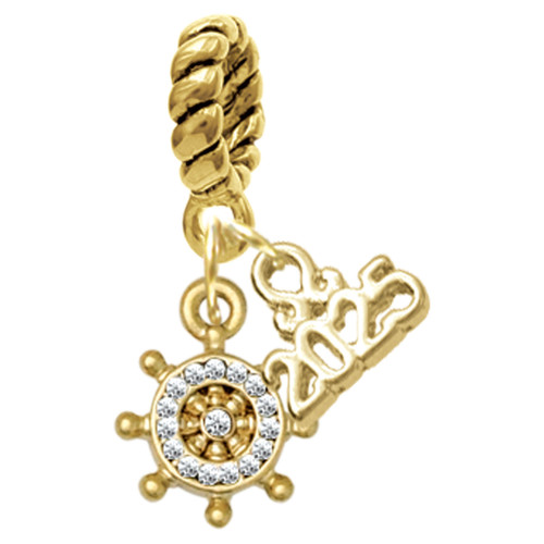 Gold-tone Mini Crystal Ship Wheel - Navigation - Gold-tone Plated Twist Rope Bead Charm Dangle with Mini Year 2025: Year to Remember Jewelry Gift - Celebrations