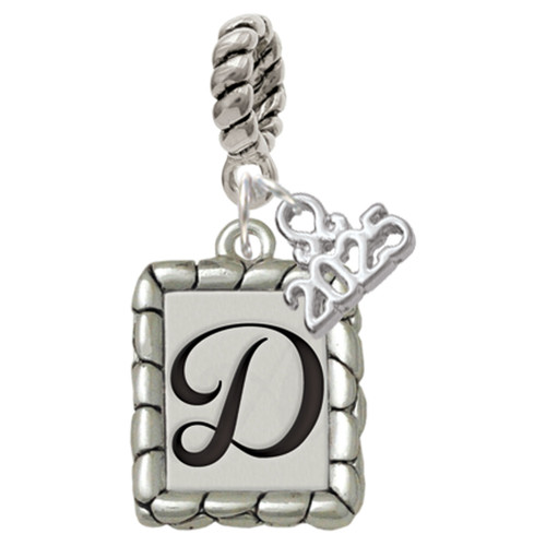 Silver Plated Pebble Border Initial - D - Silver Plated Twist Rope Bead Charm Dangle with Mini Year 2025: Year to Remember Jewelry Gift - Celebrations