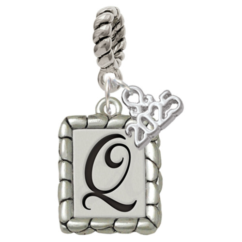 Silver Plated Pebble Border Initial - Q - Silver Plated Twist Rope Bead Charm Dangle with Mini Year 2025: Year to Remember Jewelry Gift - Celebrations