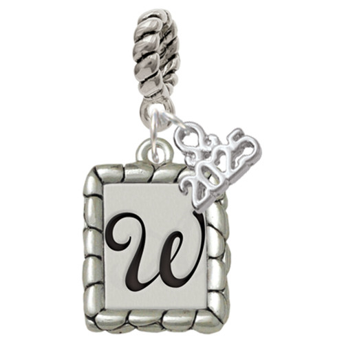 Silver Plated Pebble Border Initial - W - Silver Plated Twist Rope Bead Charm Dangle with Mini Year 2025: Year to Remember Jewelry Gift - Celebrations