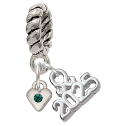Silver Plated Mini May - Green Crystal Heart - Silver Plated Twist Rope Bead Charm Dangle with Mini Year 2025: Year to Remember Jewelry Gift - Celebrations
