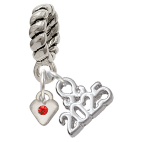 Silver Plated Mini July - Red Crystal Heart - Silver Plated Twist Rope Bead Charm Dangle with Mini Year 2025: Year to Remember Jewelry Gift - Celebrations
