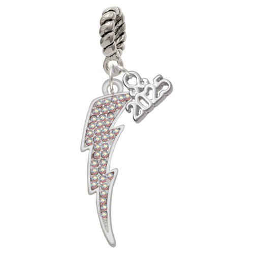 Silver Plated Large Clear AB Crystal Lightning Bolt - Silver Plated Twist Rope Bead Charm Dangle with Mini Year 2025: Year to Remember Jewelry Gift - Celebrations