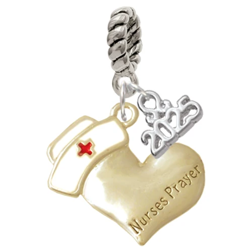Two-tone Nurse's Prayer Heart - Healing Hand - Silver Plated Twist Rope Bead Charm Dangle with Mini Year 2025: Year to Remember Jewelry Gift - Celebrations