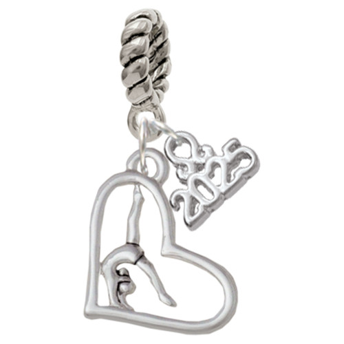 Silver Plated Gymnast in Heart - Silver Plated Twist Rope Bead Charm Dangle with Mini Year 2025: Year to Remember Jewelry Gift - Celebrations