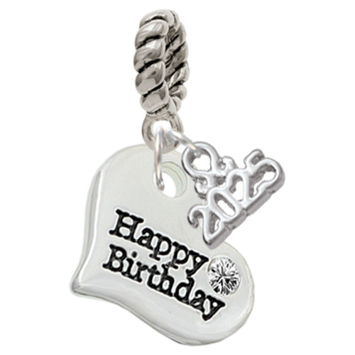 Silver Plated Large Happy Birthday Heart - Silver Plated Twist Rope Bead Charm Dangle with Mini Year 2025: Year to Remember Jewelry Gift - Celebrations