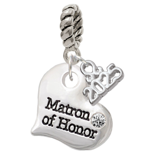 Silver Plated Large Matron of Honor Heart - Silver Plated Twist Rope Bead Charm Dangle with Mini Year 2025: Year to Remember Jewelry Gift - Celebrations