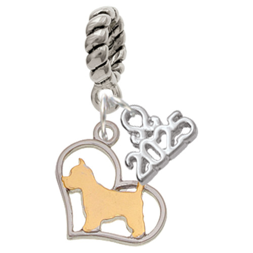 Two-tone Westie Silhouette Heart - Silver Plated Twist Rope Bead Charm Dangle with Mini Year 2025: Year to Remember Jewelry Gift - Celebrations