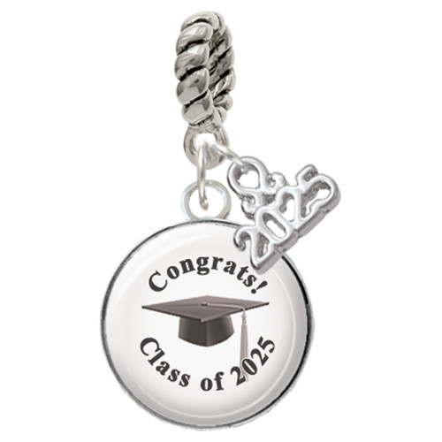 Silver Plated Domed Class of 2025 - Silver Plated Twist Rope Bead Charm Dangle with Mini Year 2025: Year to Remember Jewelry Gift - Celebrations