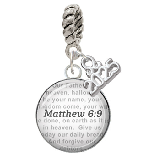Silver Plated Domed Matthew 6:9 - Silver Plated Twist Rope Bead Charm Dangle with Mini Year 2025: Year to Remember Jewelry Gift - Celebrations