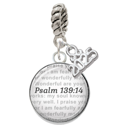Silver Plated Domed Psalm 139:14 - Silver Plated Twist Rope Bead Charm Dangle with Mini Year 2025: Year to Remember Jewelry Gift - Celebrations