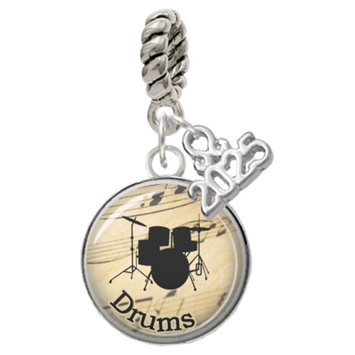 Silver Plated Domed Music - Drums - Silver Plated Twist Rope Bead Charm Dangle with Mini Year 2025: Year to Remember Jewelry Gift - Celebrations