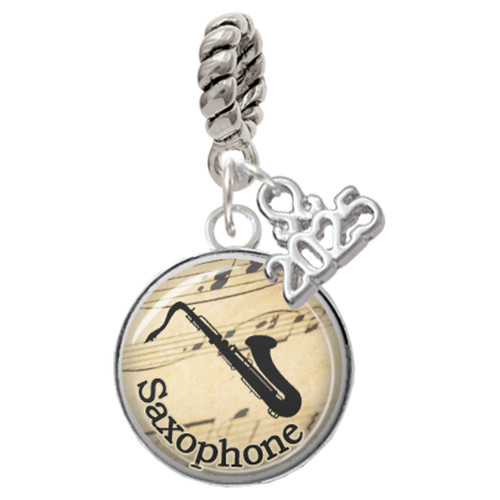 Silver Plated Domed Music - Saxophone - Silver Plated Twist Rope Bead Charm Dangle with Mini Year 2025: Year to Remember Jewelry Gift - Celebrations