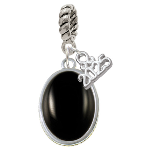 Silver Plated Small Black Acrylic Oval - Silver Plated Twist Rope Bead Charm Dangle with Mini Year 2025: Year to Remember Jewelry Gift - Celebrations