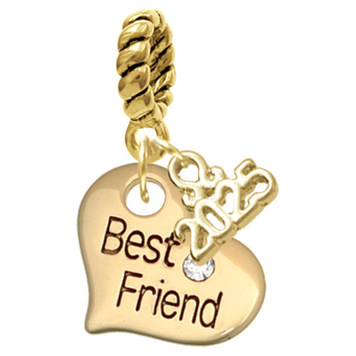 Gold-tone Large Best Friend Heart with Crystal - Gold-tone Plated Twist Rope Bead Charm Dangle with Mini Year 2025: Year to Remember Jewelry Gift - Celebrations