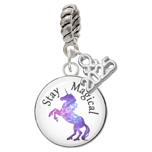 Silver Plated Domed Stay Magical Unicorn - Silver Plated Twist Rope Bead Charm Dangle with Mini Year 2025: Year to Remember Jewelry Gift - Celebrations