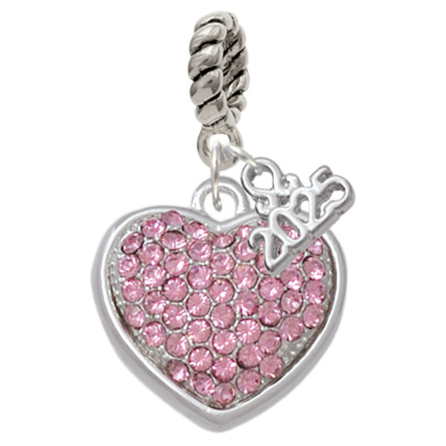 Silver Plated Large Rounded Light Pink Oktant Crystal Heart - Silver Plated Twist Rope Bead Charm Dangle with Mini Year 2025: Year to Remember Jewelry Gift - Celebrations