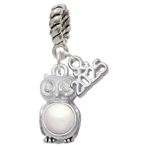 Silver Plated 3-D Imitation Pearl & Clear Crystal Owl - Silver Plated Twist Rope Bead Charm Dangle with Mini Year 2025: Year to Remember Jewelry Gift - Celebrations