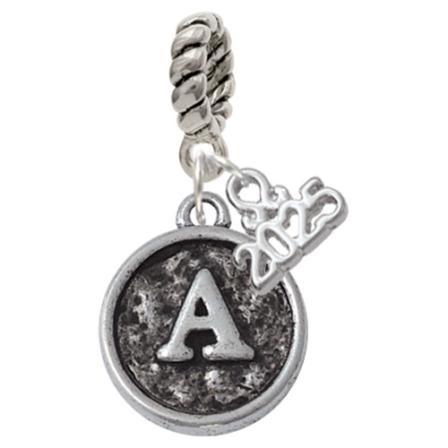 Silver Plated Antiqued Round Seal - Initial - A - Silver Plated Twist Rope Bead Charm Dangle with Mini Year 2025: Year to Remember Jewelry Gift - Celebrations