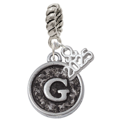Silver Plated Antiqued Round Seal - Initial - G - Silver Plated Twist Rope Bead Charm Dangle with Mini Year 2025: Year to Remember Jewelry Gift - Celebrations