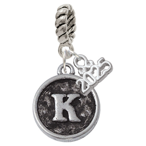 Silver Plated Antiqued Round Seal - Initial - K - Silver Plated Twist Rope Bead Charm Dangle with Mini Year 2025: Year to Remember Jewelry Gift - Celebrations