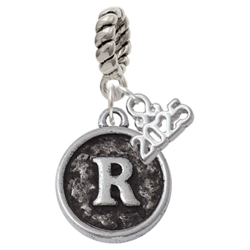 Silver Plated Antiqued Round Seal - Initial - R - Silver Plated Twist Rope Bead Charm Dangle with Mini Year 2025: Year to Remember Jewelry Gift - Celebrations