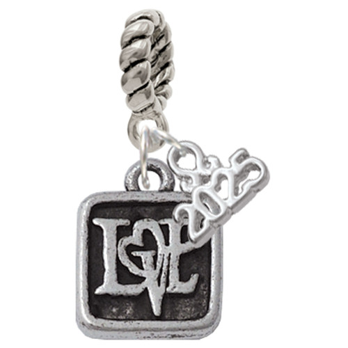 Silver Plated Antiqued Square Seal - Love with Heart - Silver Plated Twist Rope Bead Charm Dangle with Mini Year 2025: Year to Remember Jewelry Gift - Celebrations