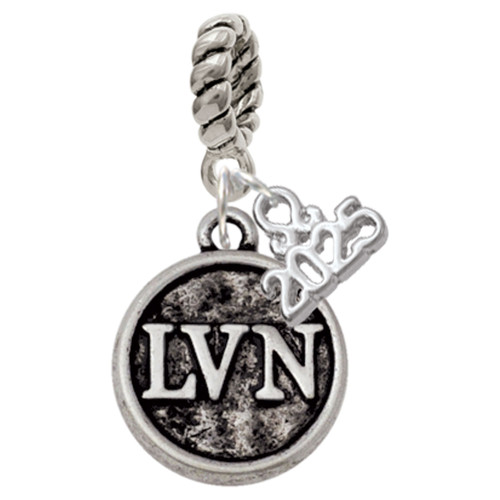 Silver Plated Nurse Caduceus Seal - LVN - Silver Plated Twist Rope Bead Charm Dangle with Mini Year 2025: Year to Remember Jewelry Gift - Celebrations