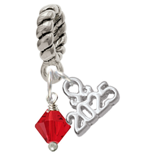 July - Red Crystal Bicone - Silver Plated Twist Rope Bead Charm Dangle with Mini Year 2025: Year to Remember Jewelry Gift - Celebrations