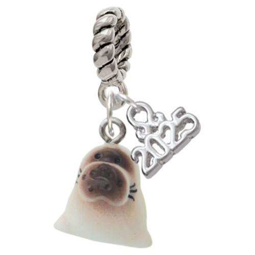 Resin Harp Seal Pup - Silver Plated Twist Rope Bead Charm Dangle with Mini Year 2025: Year to Remember Jewelry Gift - Celebrations