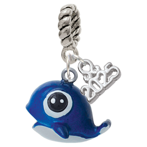 Resin Cute Blue Whale - Silver Plated Twist Rope Bead Charm Dangle with Mini Year 2025: Year to Remember Jewelry Gift - Celebrations