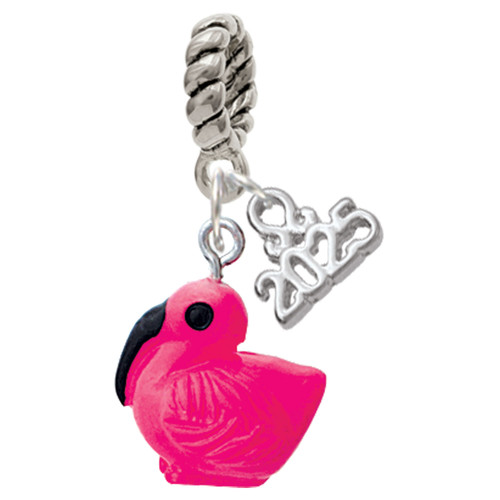 Resin Hot Pink Flamingo - Silver Plated Twist Rope Bead Charm Dangle with Mini Year 2025: Year to Remember Jewelry Gift - Celebrations