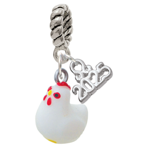 Resin White Chicken - Silver Plated Twist Rope Bead Charm Dangle with Mini Year 2025: Year to Remember Jewelry Gift - Celebrations