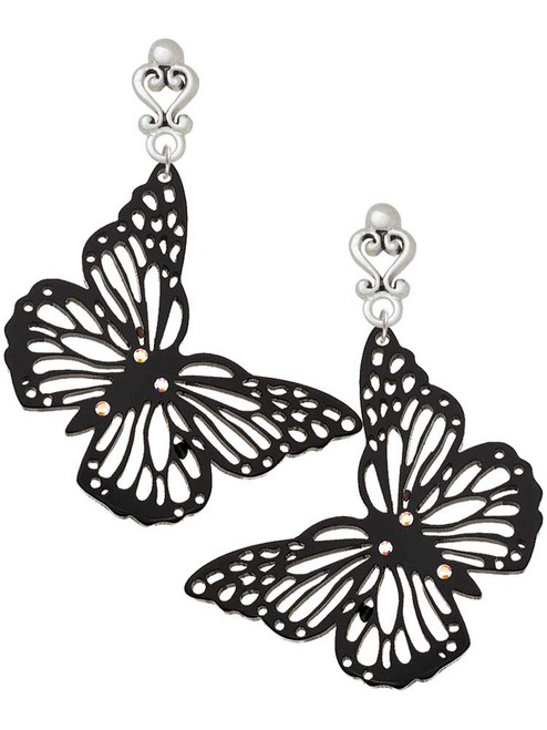 Acrylic Cut Out Butterfly Black - Filigree Heart Post Earrings