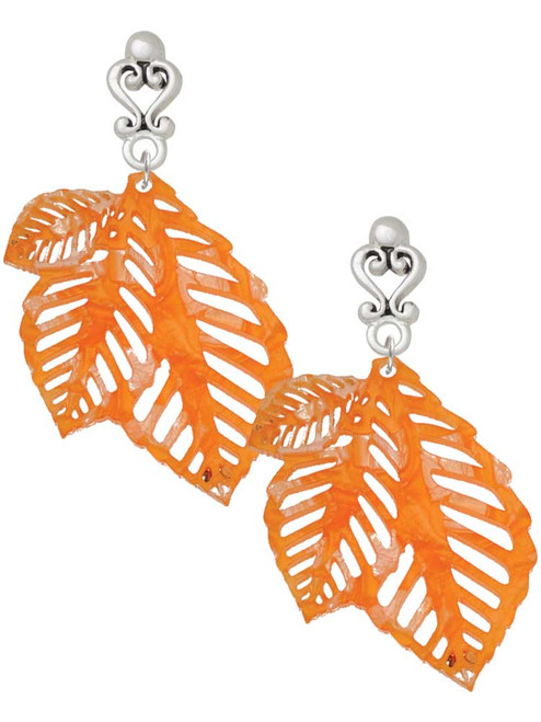 Acrylic Medium Triple Leaf Shimmer Orange - Filigree Heart Post Earrings