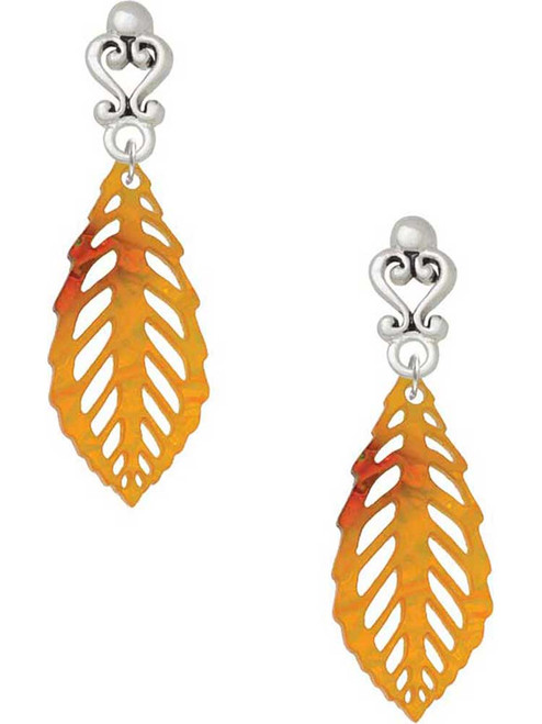 Acrylic Medium Leaf Orange Mixed Brown and Yellow - Filigree Heart Post Earrings