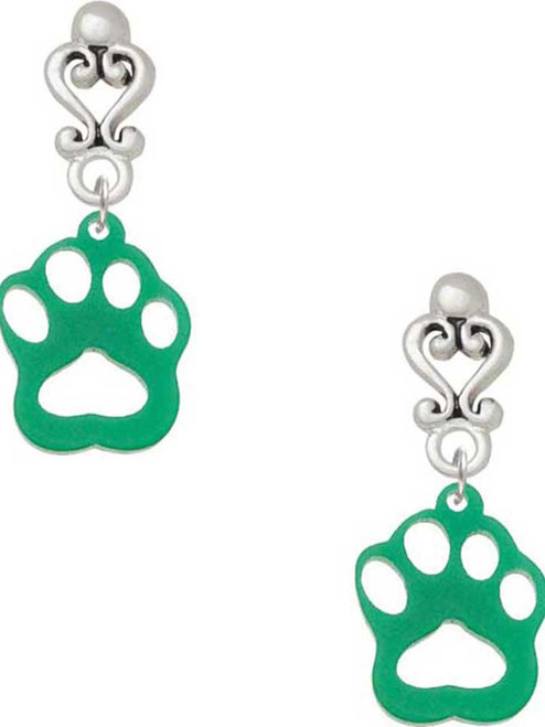 Acrylic Small Paw Green - Filigree Heart Post Earrings