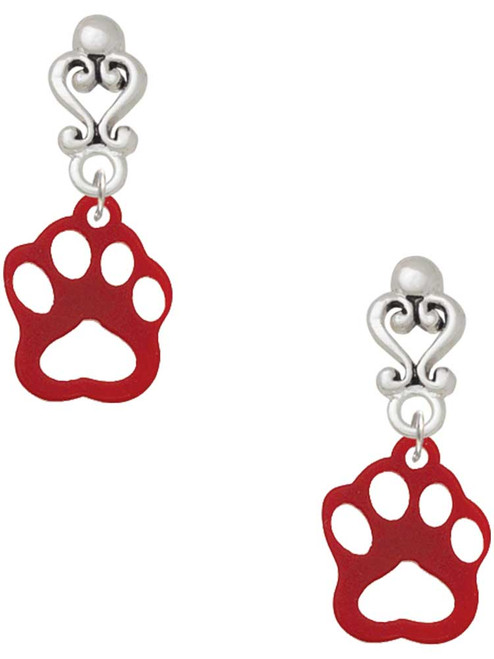 Acrylic Small Paw Maroon - Filigree Heart Post Earrings