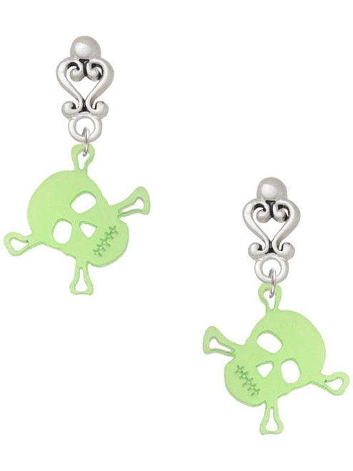 Acrylic Small Lime Green Skull - Filigree Heart Post Earrings