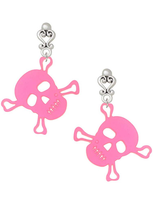 Acrylic Large Pink Skull - Filigree Heart Post Earrings