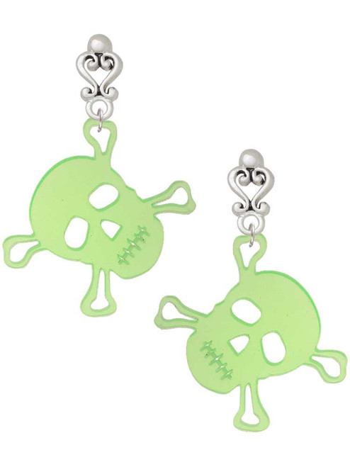 Acrylic Large Lime Green Skull - Filigree Heart Post Earrings