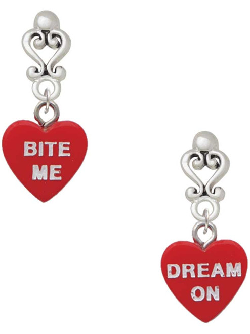 Acrylic Red "Dream On / Bite Me" Heart - Filigree Heart Post Earrings