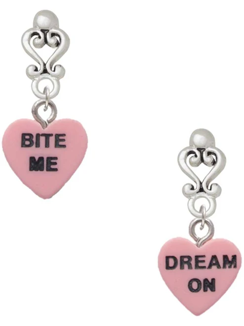 Acrylic Pink "Dream On / Bite Me" Heart - Filigree Heart Post Earrings