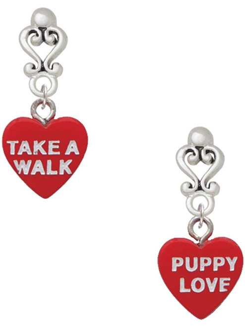 Acrylic Red "Puppy Love / Take a Walk" Heart - Filigree Heart Post Earrings